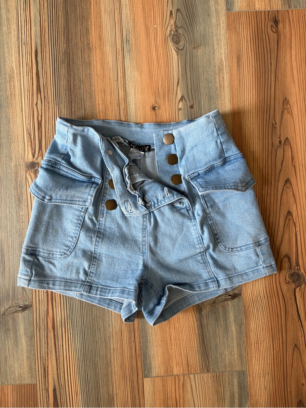 VENUS High-Waist Light Blue Denim Shorts with Button Sailor Front - Size 4